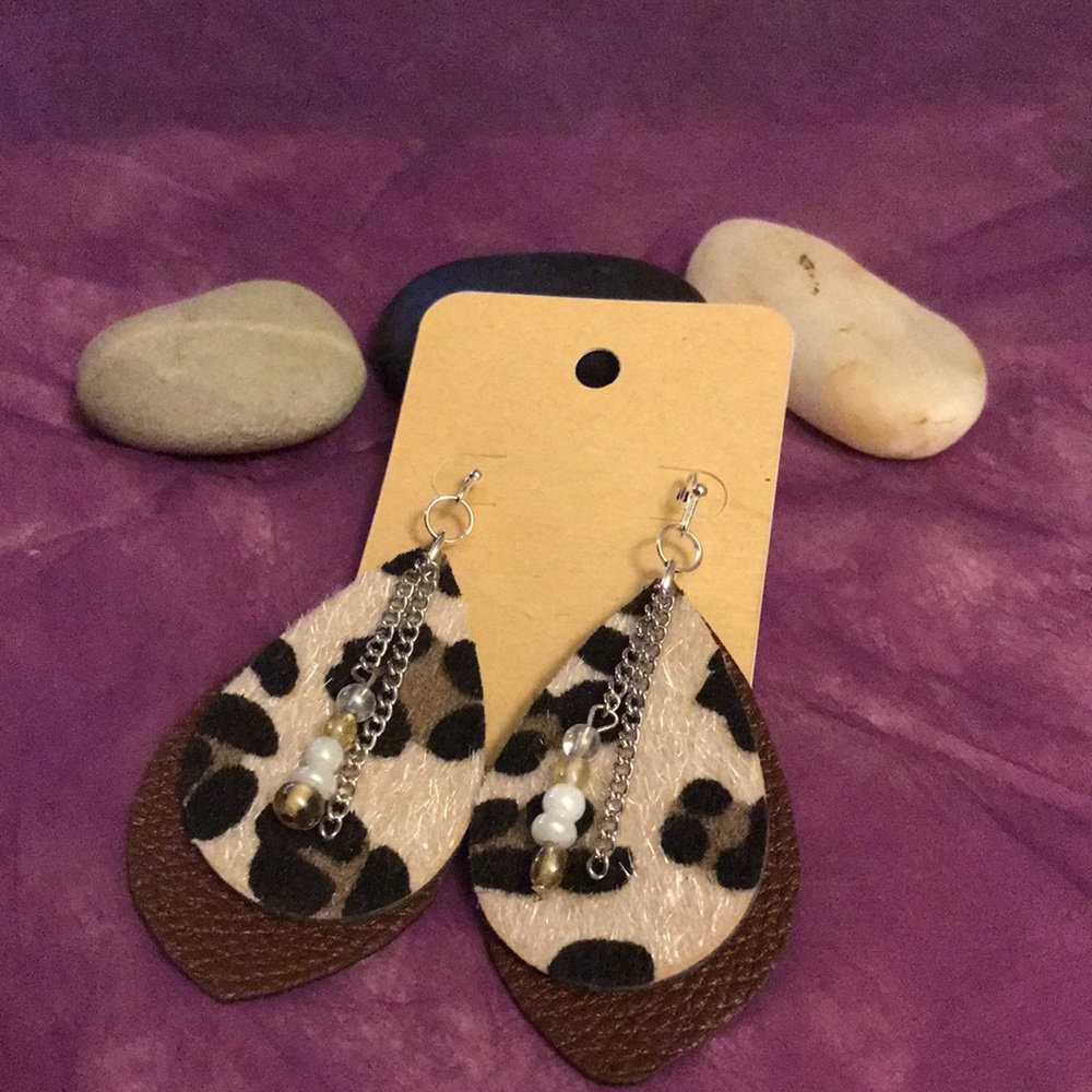 Leather, earrings, lightweight, leopard pattern 3 inches long